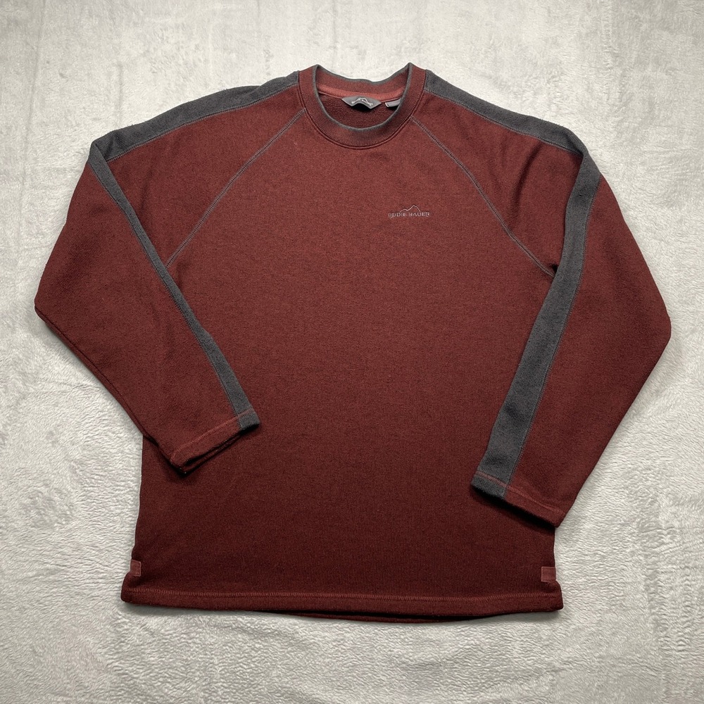 Eddie Bauer Sweater Men Large Burgundy Red Gray Raglan Fleece Lined Crewneck - Picture 1 of 10